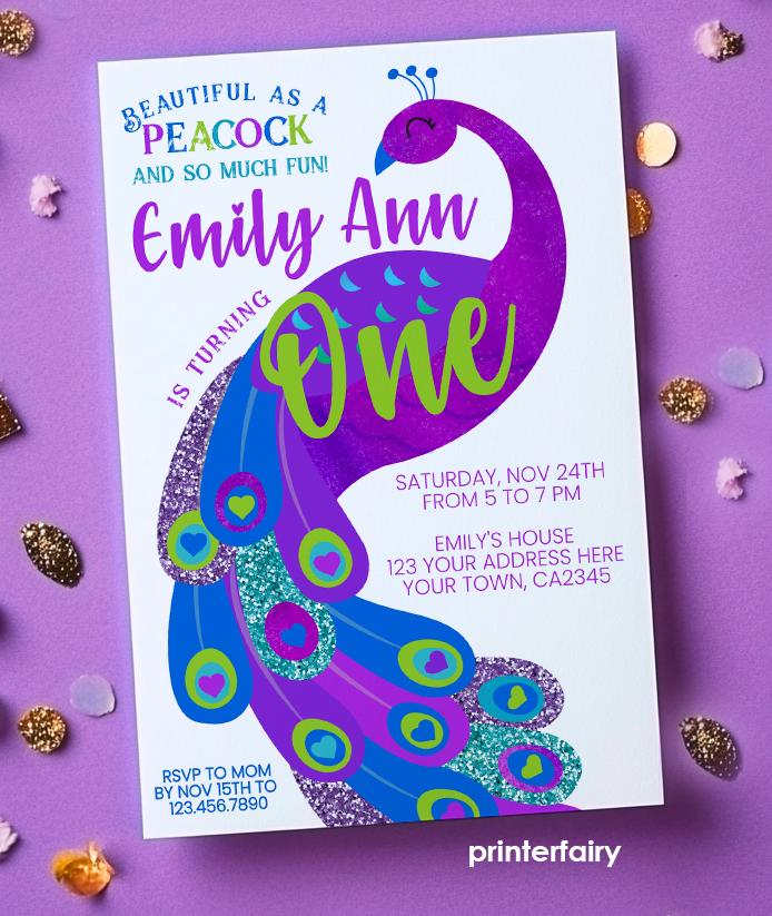 Peacock First Birthday Invitation, Editable Digital Invite