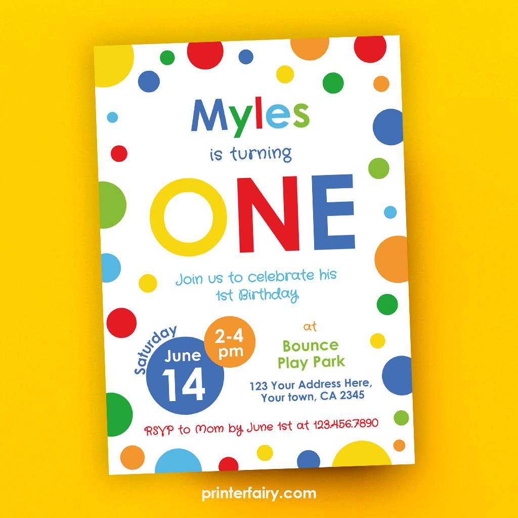 Primary Colors 1st Birthday Invitation, Confetti Party (Editable Template, Instant Download)