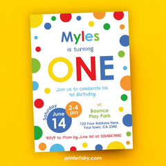 Primary Colors 1st Birthday Invitation, Confetti Party (Editable Template, Instant Download)