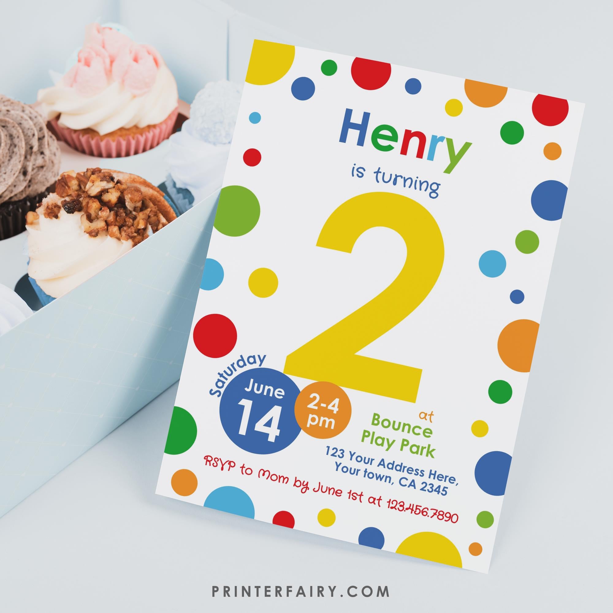 Primary Colors 2nd Birthday Invitation, Confetti Party (Editable Template, Instant Download)