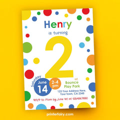 Primary Colors 2nd Birthday Invitation, Confetti Party (Editable Template, Instant Download)
