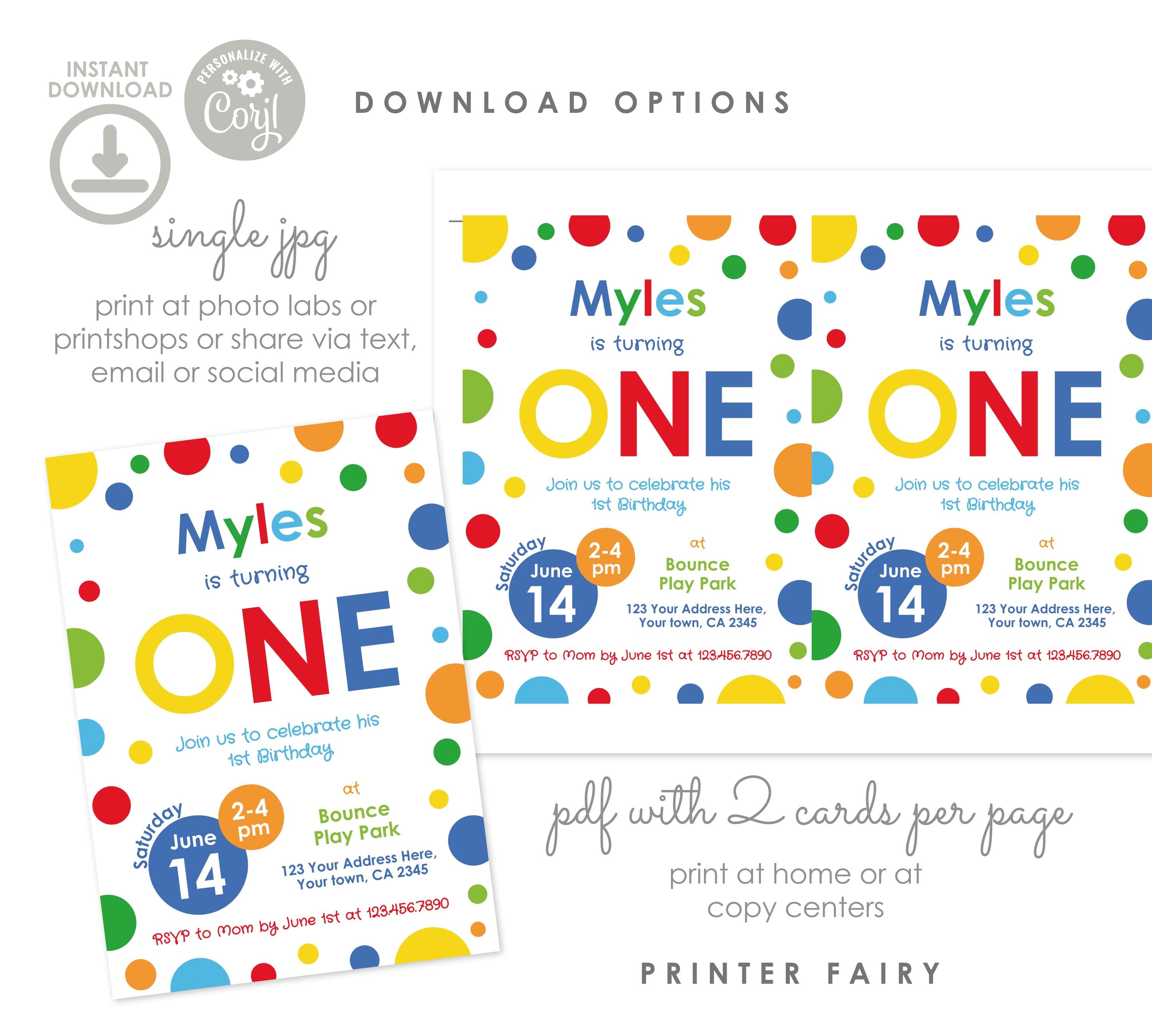 Primary Colors 1st Birthday Invitation, Confetti Party (Editable Template, Instant Download)
