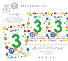 Primary Colors 3rd Birthday Invitation, Confetti Party (Editable Template, Instant Download)