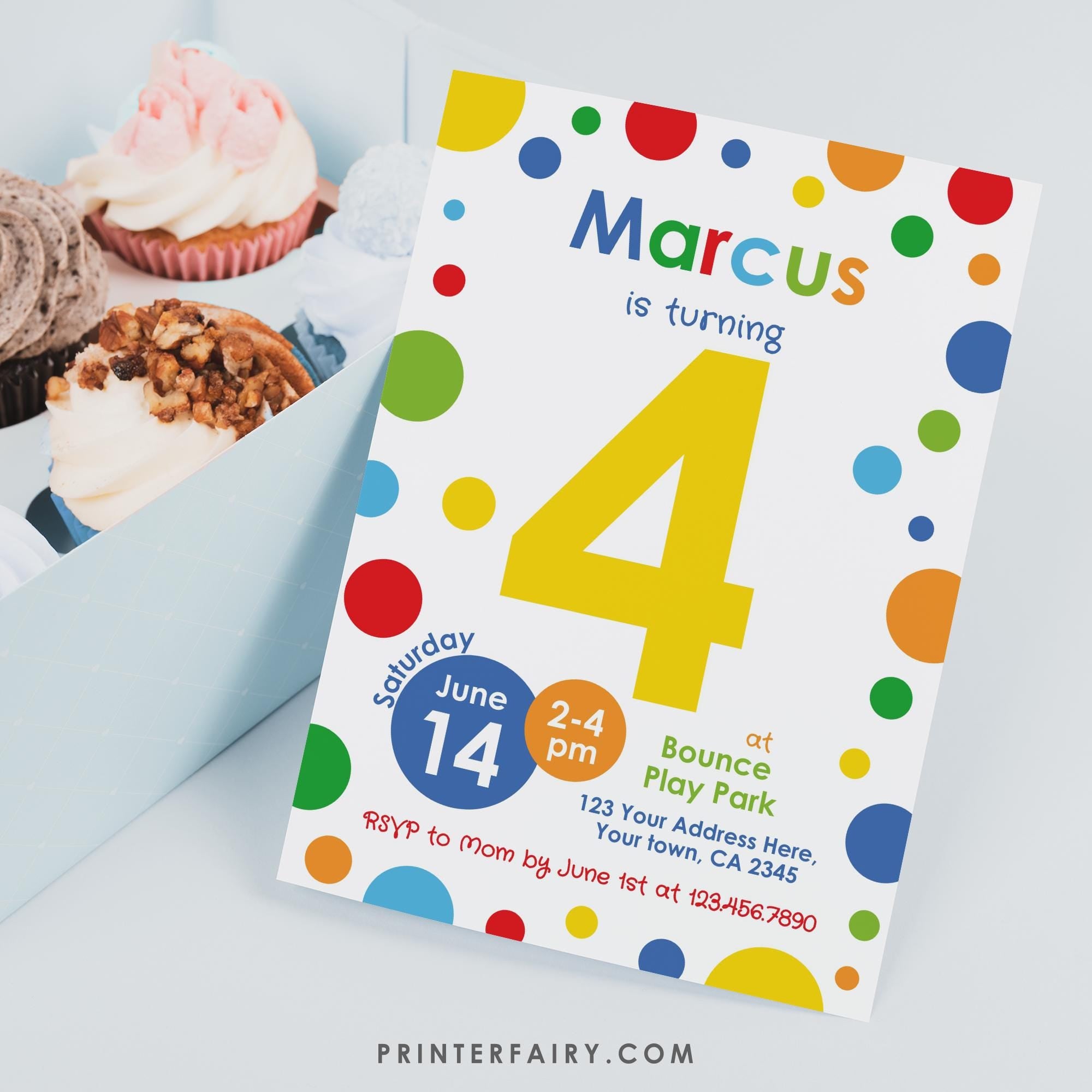 Primary Colors 4th Birthday Invitation, Confetti Party (Instant Download)