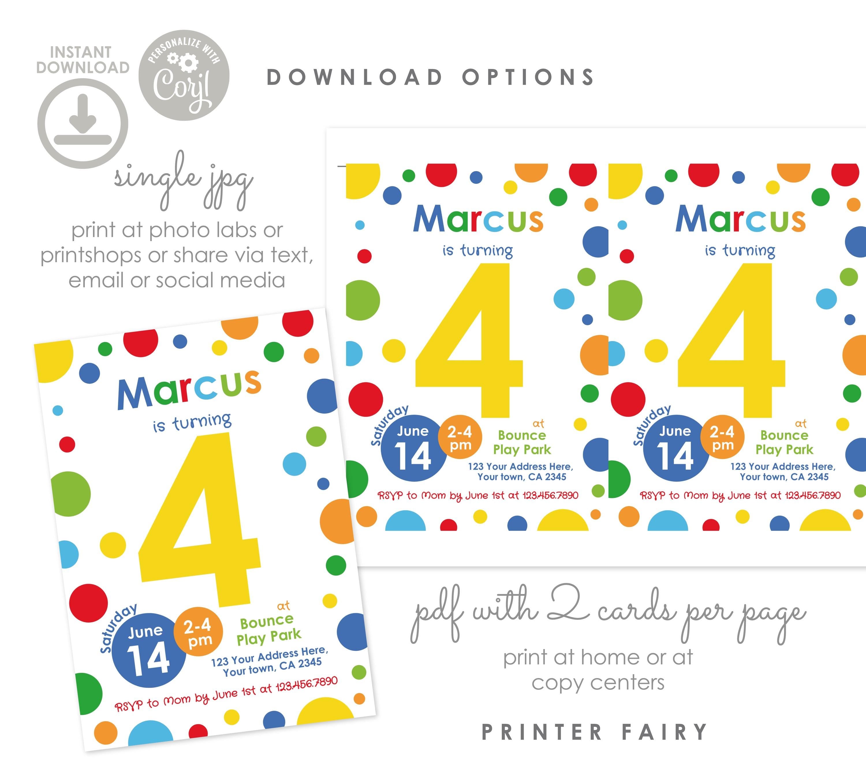 Primary Colors 4th Birthday Invitation, Confetti Party (Instant Download)