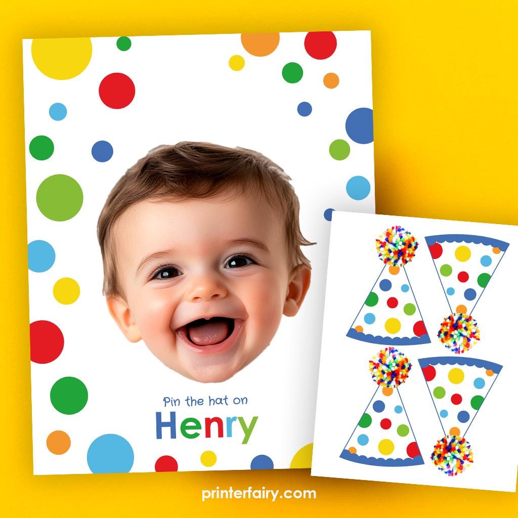 Pin the Hat Birthday Game, Photo Bow Party Activity, Editable Template (Digital Download)