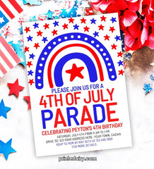 4th of July Birthday Parade Invitation, Rainbow Design (Digital Download)
