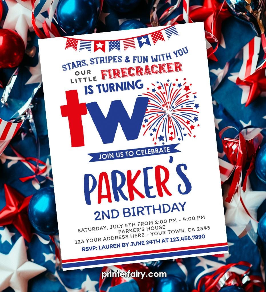4th of July 2nd Birthday Invitation, Editable Digital Invite