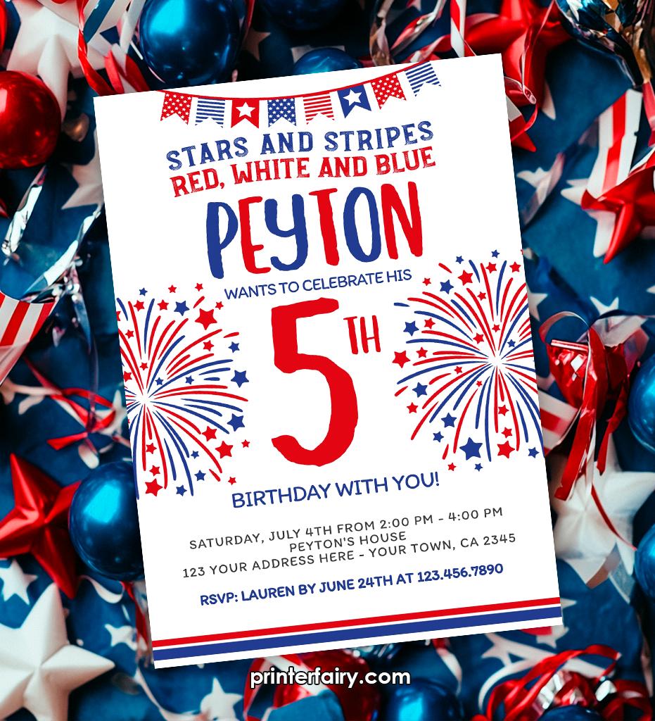4th of July Birthday Invitation, Stars & Stripes, Editable Template (Instant Download)
