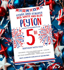 4th of July Birthday Invitation, Stars & Stripes, Editable Template (Instant Download)
