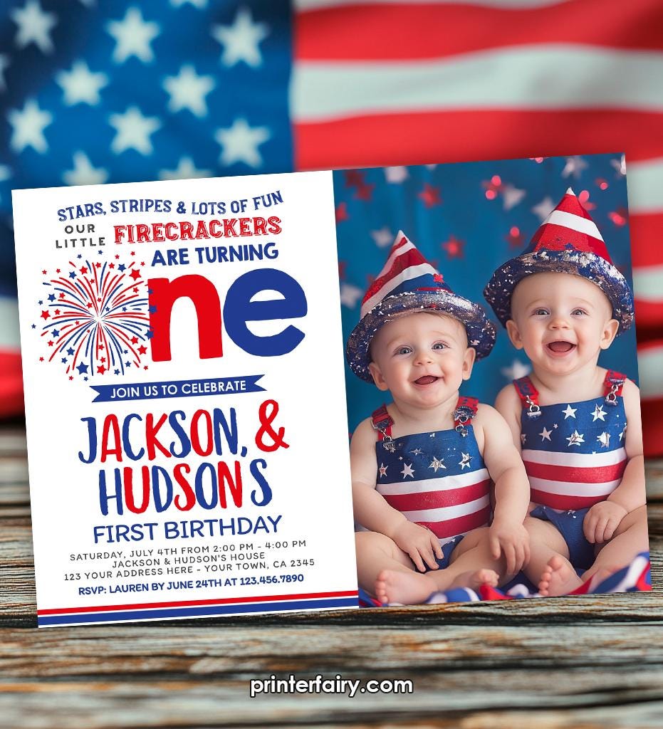 Twins First Birthday Invitation, 4th of July, Editable (INSTANT DOWNLOAD)