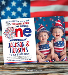 Twins First Birthday Invitation, 4th of July, Editable (INSTANT DOWNLOAD)