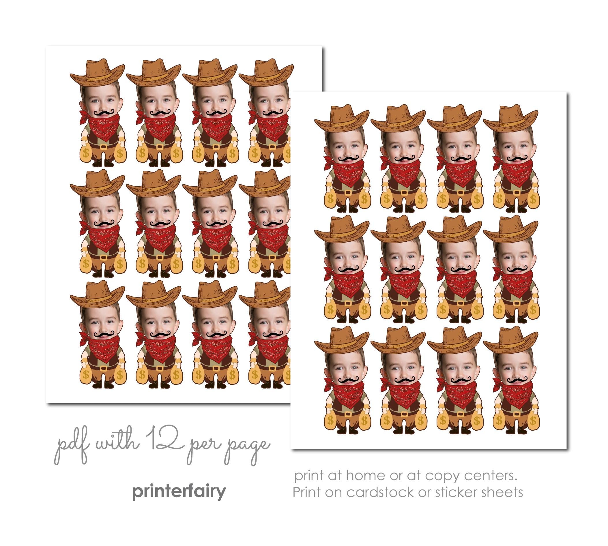 Western Personalized Toppers or Stickers with your Photo, Party Printable Decorations