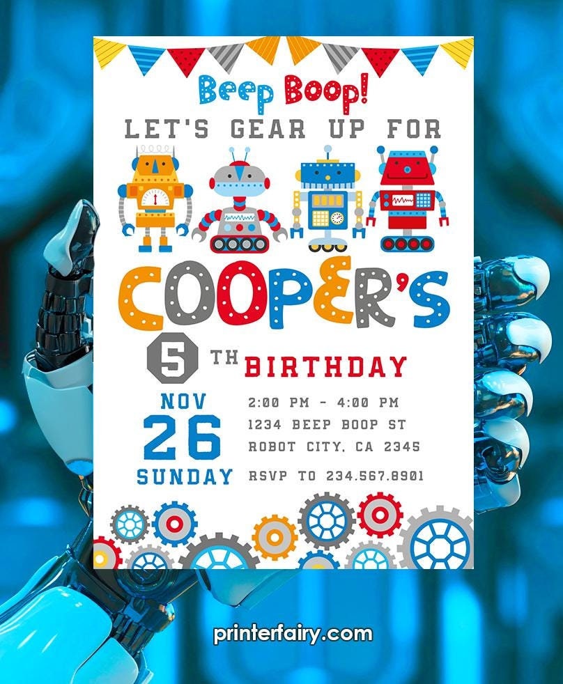 Retro Robot Birthday Invitation, Beep Boop Party, Editable (Instant Download)