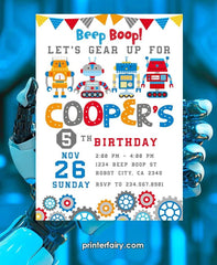 Retro Robot Birthday Invitation, Beep Boop Party, Editable (Instant Download)