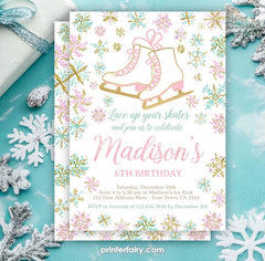 Ice Skating Birthday Invitation, Winter Snowflake Party (Digital Invite)