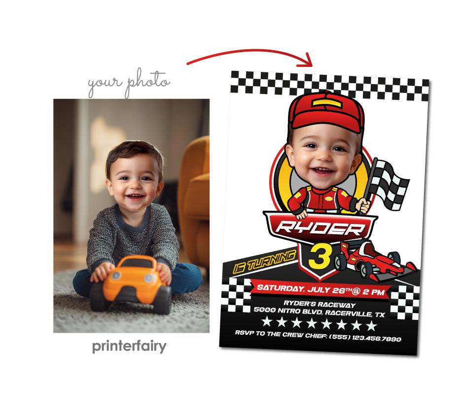 Racing Car Birthday Invitation, Personalized Photo, Any Age (Digital Printable)