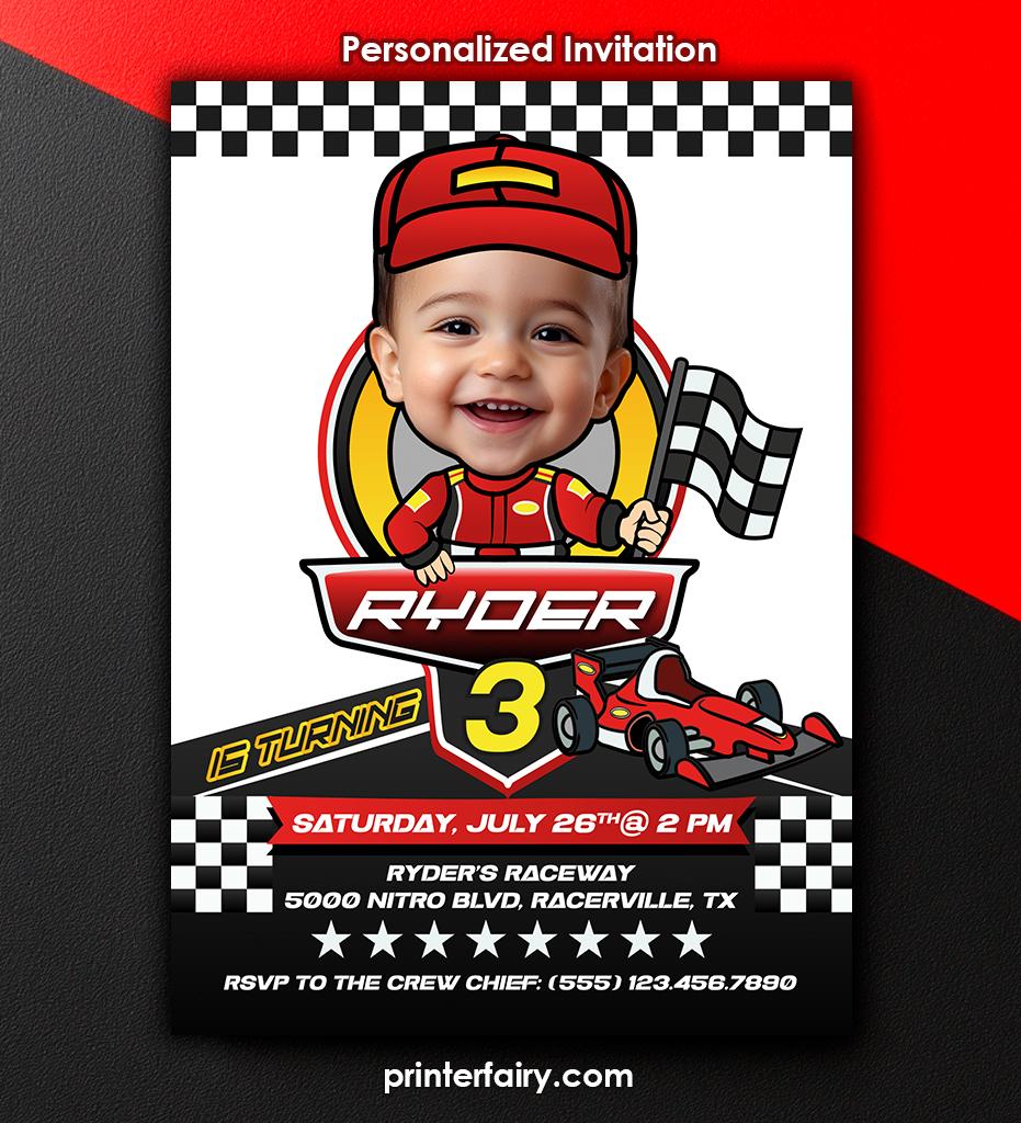 Racing Car Birthday Invitation, Personalized Photo, Any Age (Digital Printable)