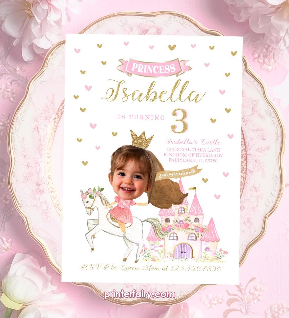 Princess Birthday Invitation, Personalized Photo, Any Age (Digital Download)