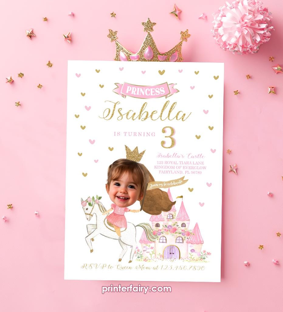 Princess Birthday Invitation, Personalized Photo, Any Age (Digital Download)