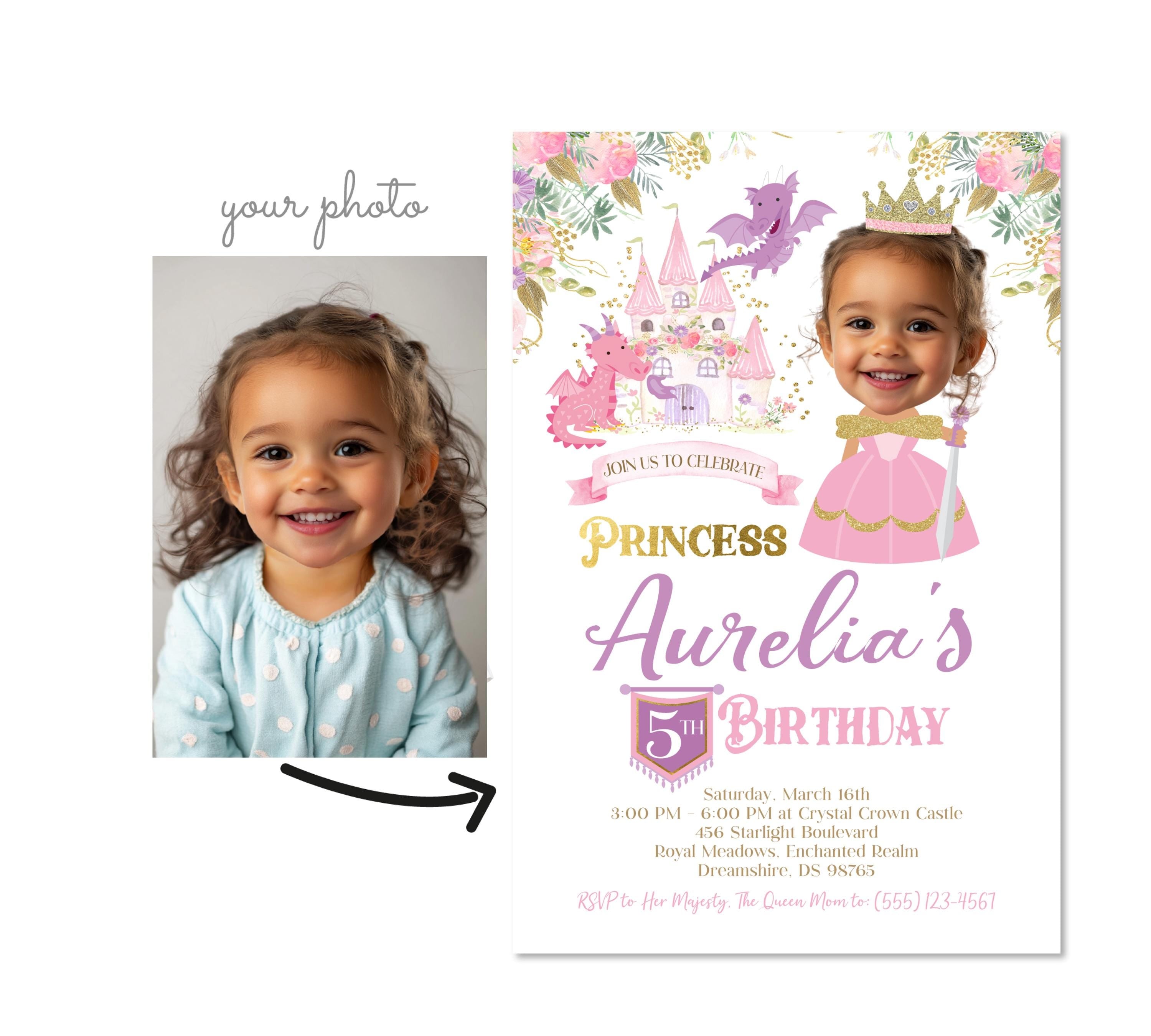 Princess Dragon Birthday Invitation, Royal Castle Party (Digital)