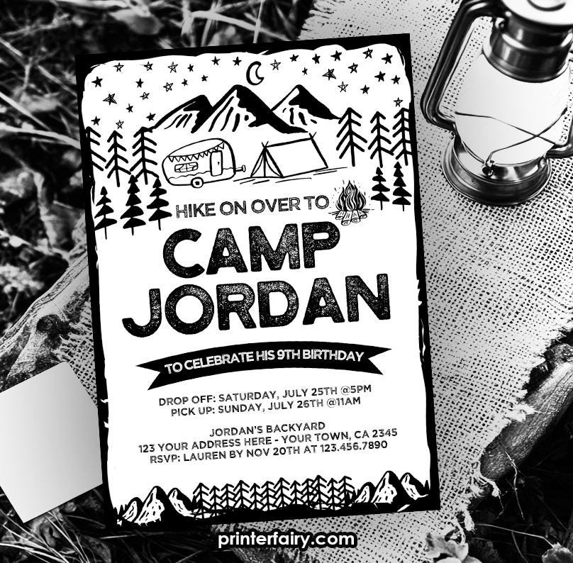 Editable Camping Birthday Invitation, Black and White (Instant Download)