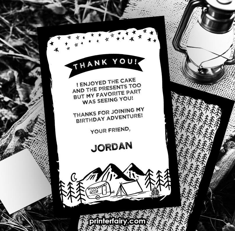 Camping Birthday Thank You Card, Editable Note (Digital Download)