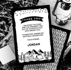 Camping Birthday Thank You Card, Editable Note (Digital Download)