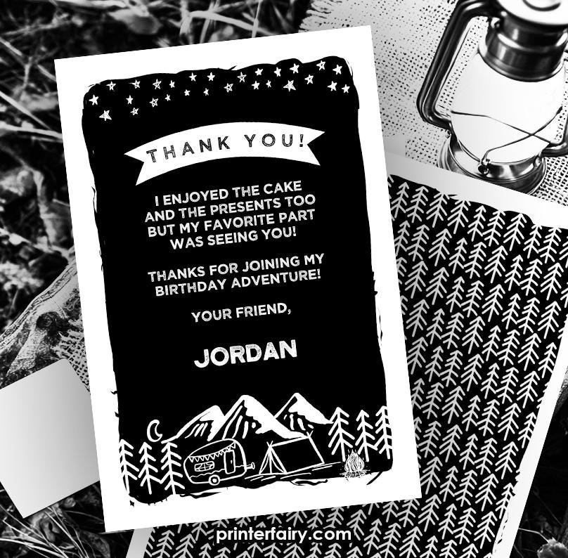 Camping Thank You Card, Editable Birthday Party Note (INSTANT DOWNLOAD)