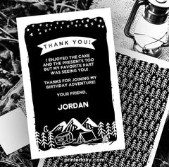 Camping Thank You Card, Editable Birthday Party Note (INSTANT DOWNLOAD)