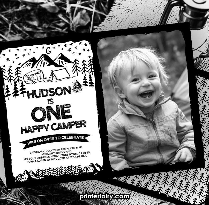 Happy Camper 1st Birthday Photo Invitation, Editable Summer Camp (INSTANT DOWNLOAD)