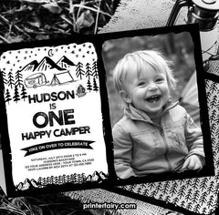 Happy Camper 1st Birthday Photo Invitation, Editable Summer Camp (INSTANT DOWNLOAD)