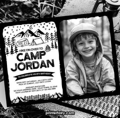 Editable Photo Camping Birthday Invitation, Black & White (Instant Download)