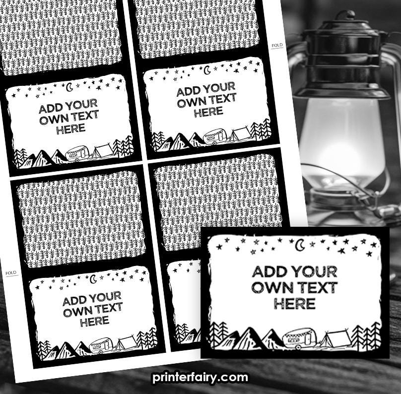 Camping Food Tents, Happy Camper Birthday, Editable Place Cards (Instant Download)