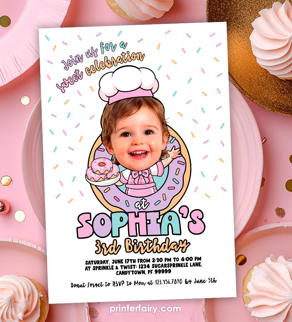 Donut Birthday Invitation, Photo Personalized, Sweet One Invite (Digital)