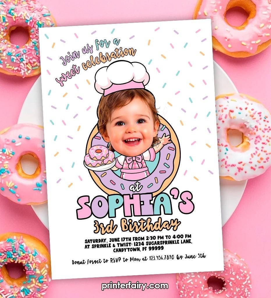 Donut Birthday Invitation, Photo Personalized, Sweet One Invite (Digital)