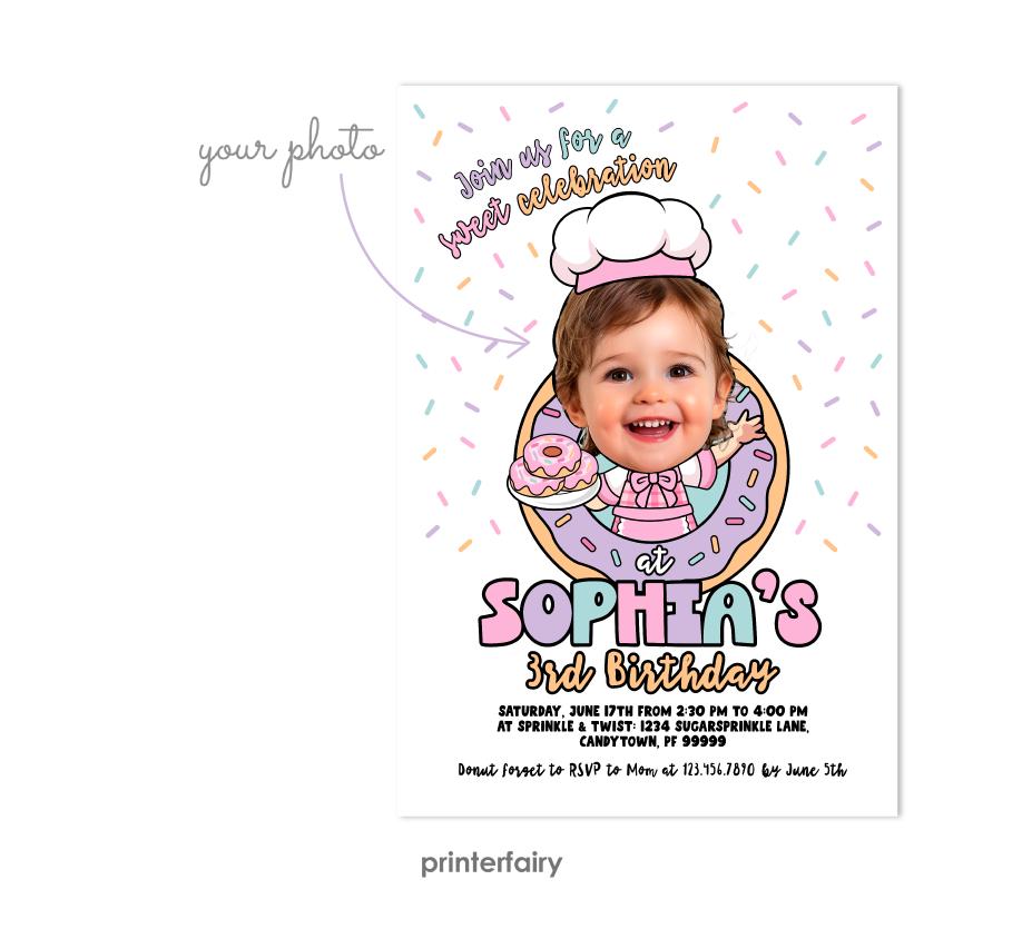Donut Birthday Invitation, Photo Personalized, Sweet One Invite (Digital)