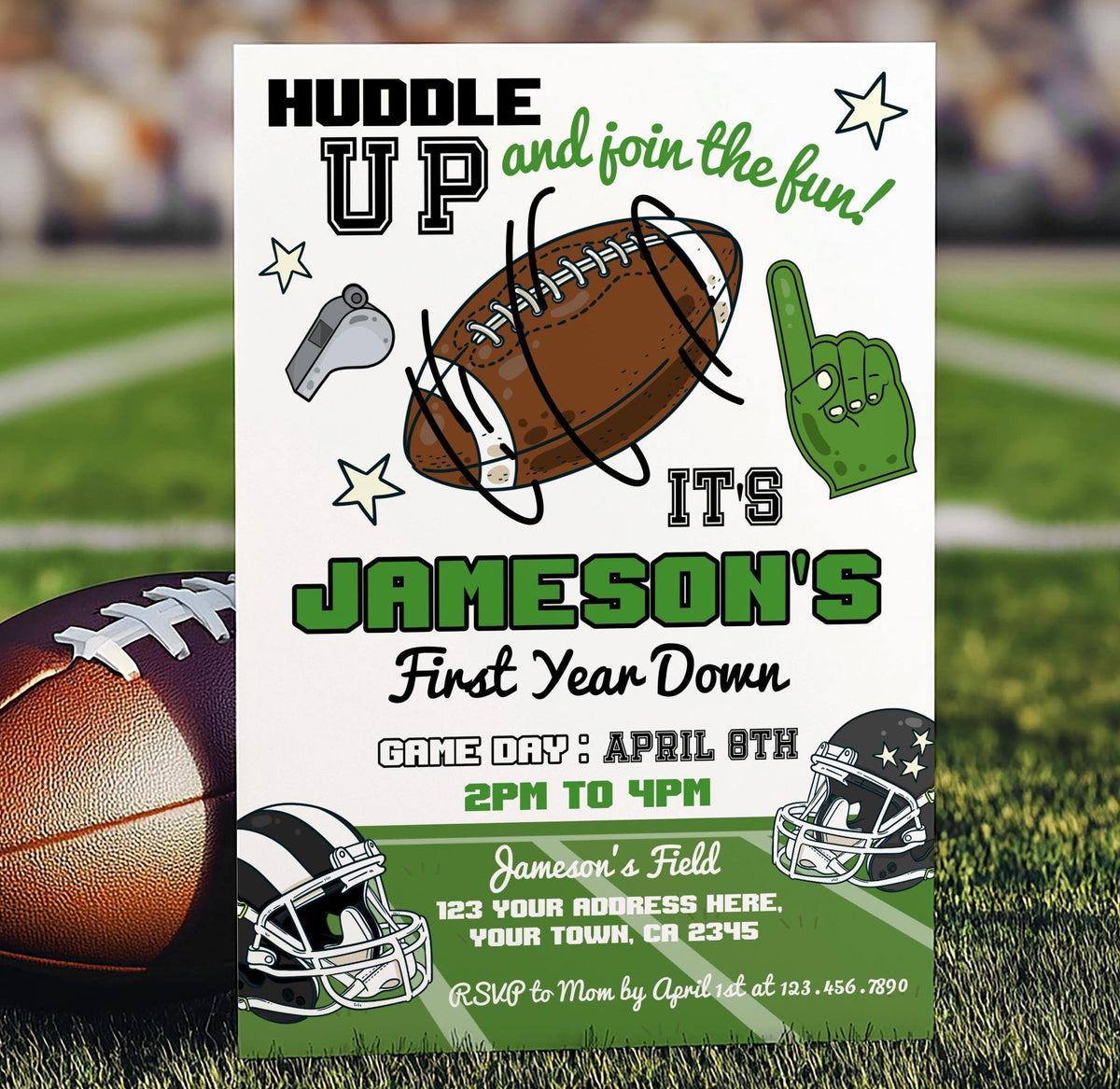 Football 1st Birthday Invitation Editable Template, First Year Down, Instant Download