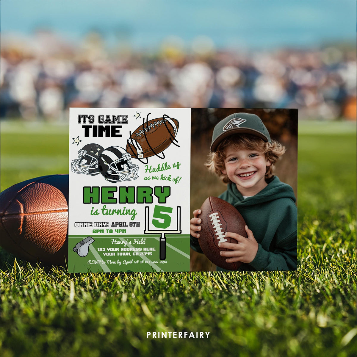 Football Party Birthday Invitation With Photo Editable Template, Game Time Invitation, Instant Download