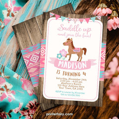 Cowgirl Horse Birthday Invitation, EDITABLE Pony Party (Digital Printable Invitation)