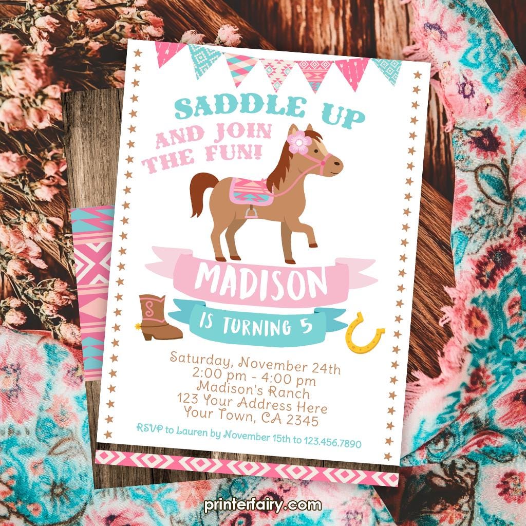 Pony Birthday Party Invitation Template, Cowgirl Theme (Instant Download)