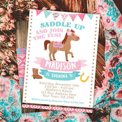 Pony Birthday Party Invitation Template, Cowgirl Theme (Instant Download)