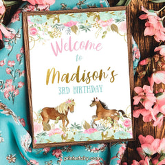 Floral Horse Birthday Welcome Sign, Editable Pony Party Decor (Digital Download)