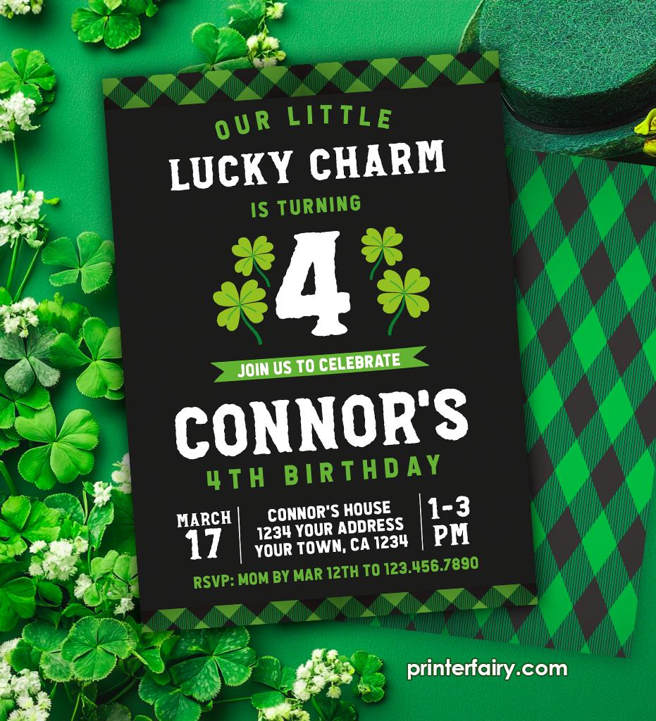 St Patrick Day Birthday Invitation, Lucky Charm Invitation, EDITABLE, Shamrock Birthday Party, St Patricks Day Invites, INSTANT DOWNLOAD