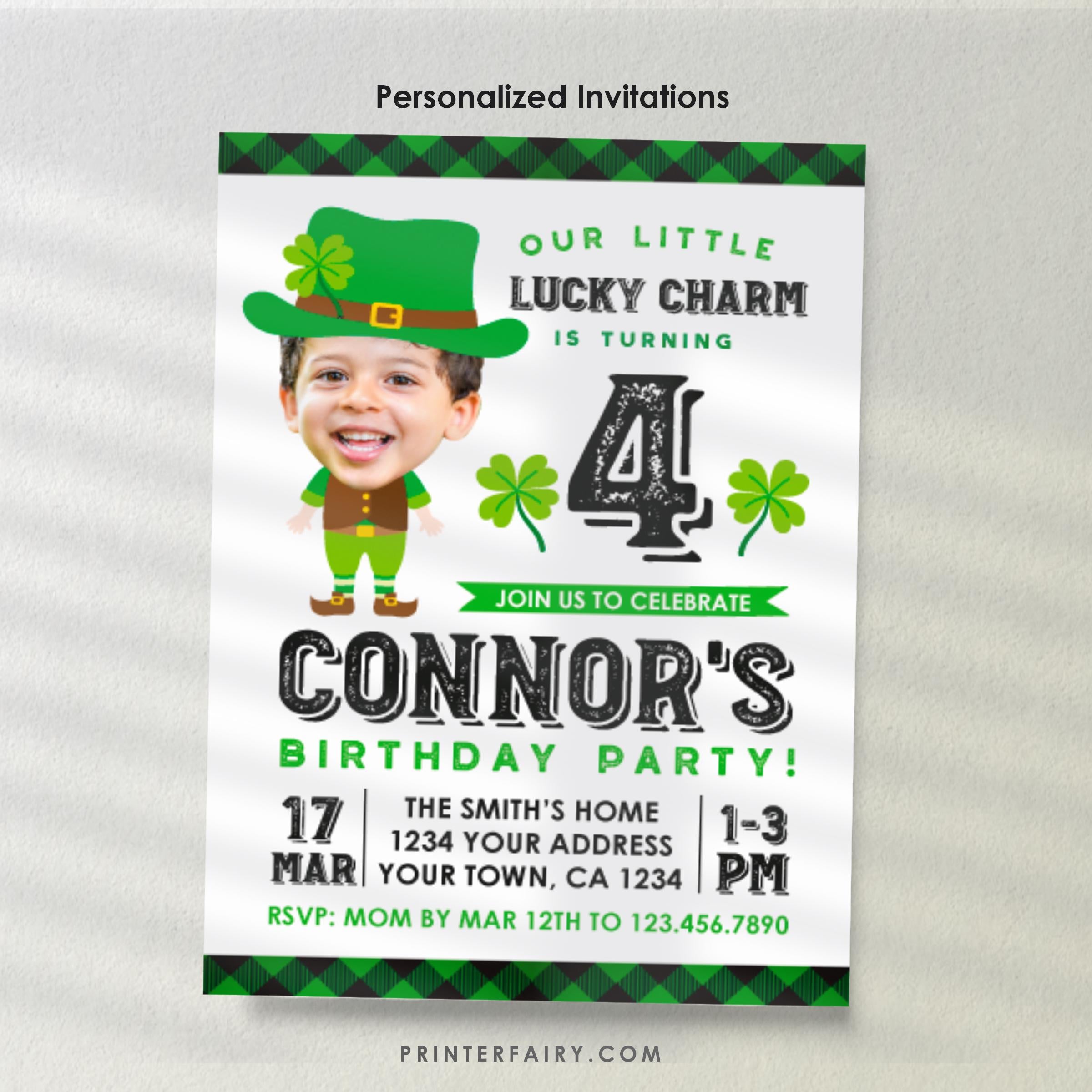 St Patricks Day Birthday Invitation Personalized with photo, Lucky Charm Invitation, St Patricks Day Party, Personalized DIGITAL Invitation