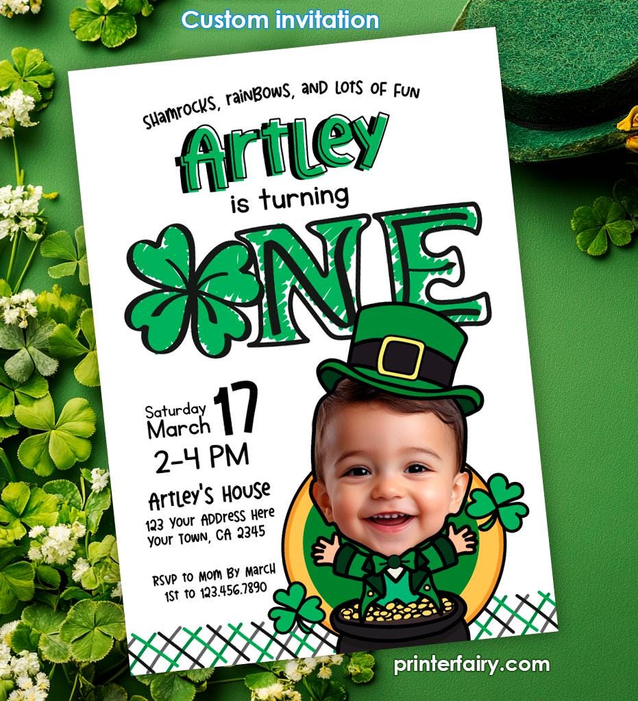 St Patricks Day First Birthday Handmade Personalized Invitation, Lucky One Shamrock Invite 1st Birthday Party Printable Instant Download