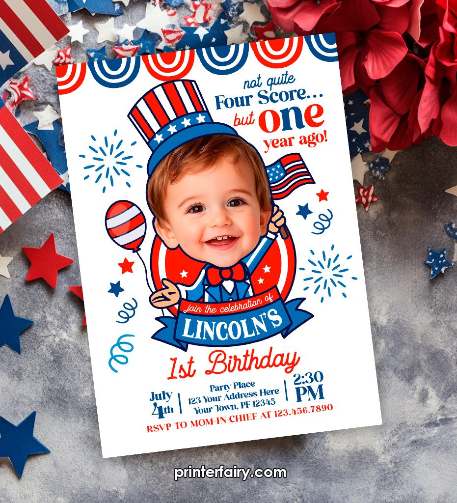4th of July Birthday Invitation, Personalized Photo, Fourscore (Digital Invitation)