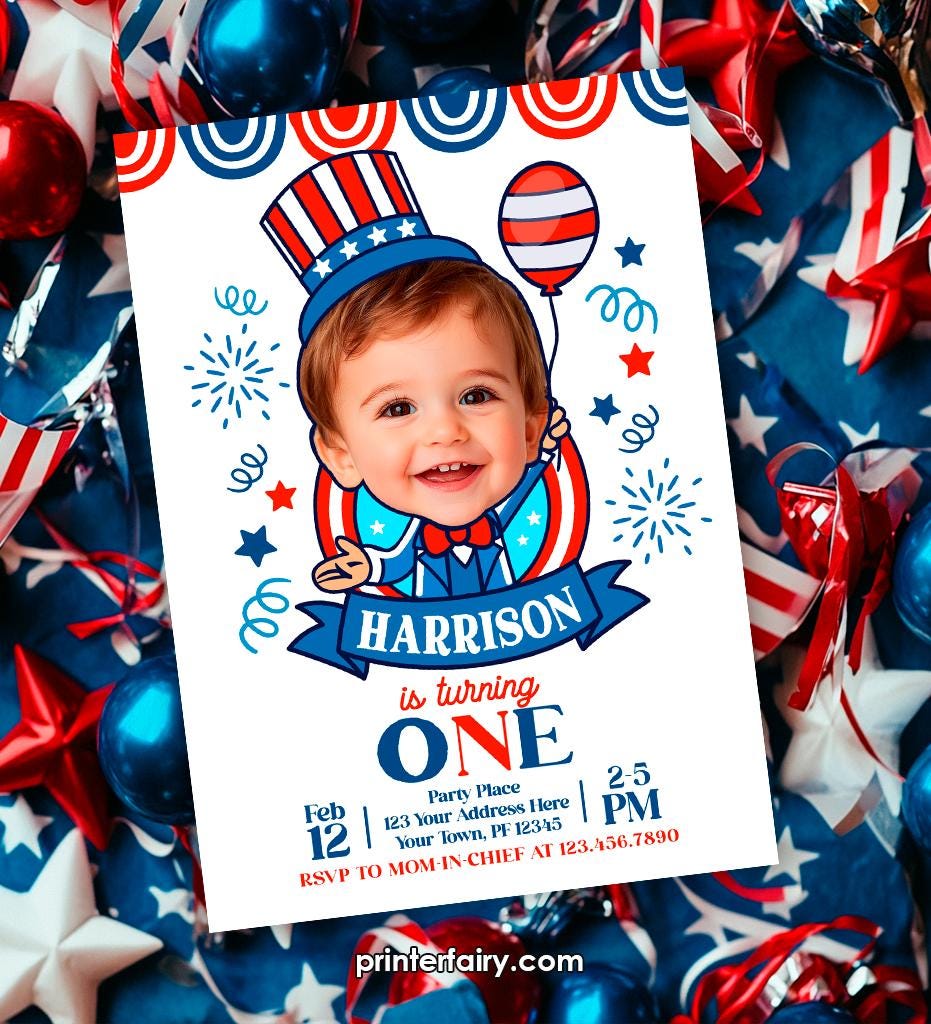 4th of July Photo Birthday Invitation, Personalized First Birthday (Digital)