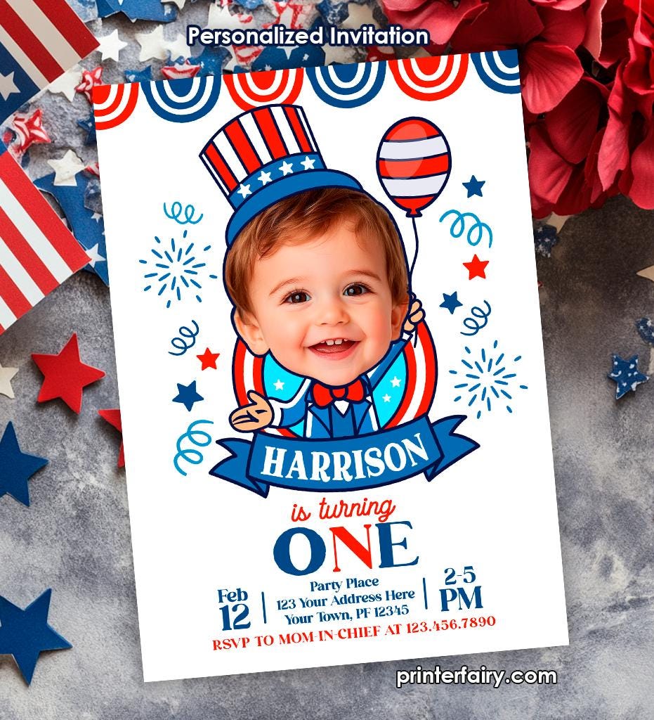 4th of July Photo Birthday Invitation, Personalized First Birthday (Digital)