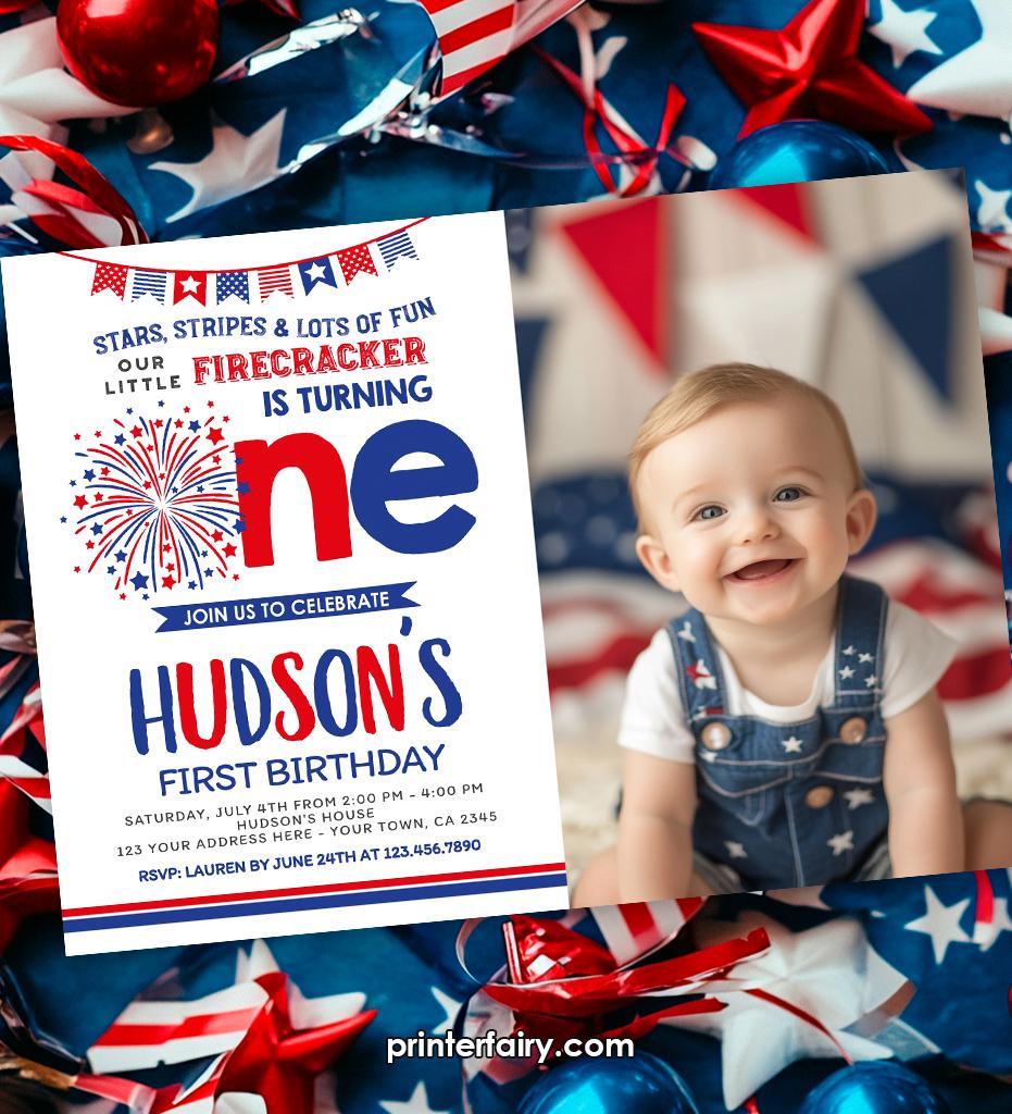 Firecracker 1st Birthday Invitation, 4th of July, Editable Template (Digital Download)